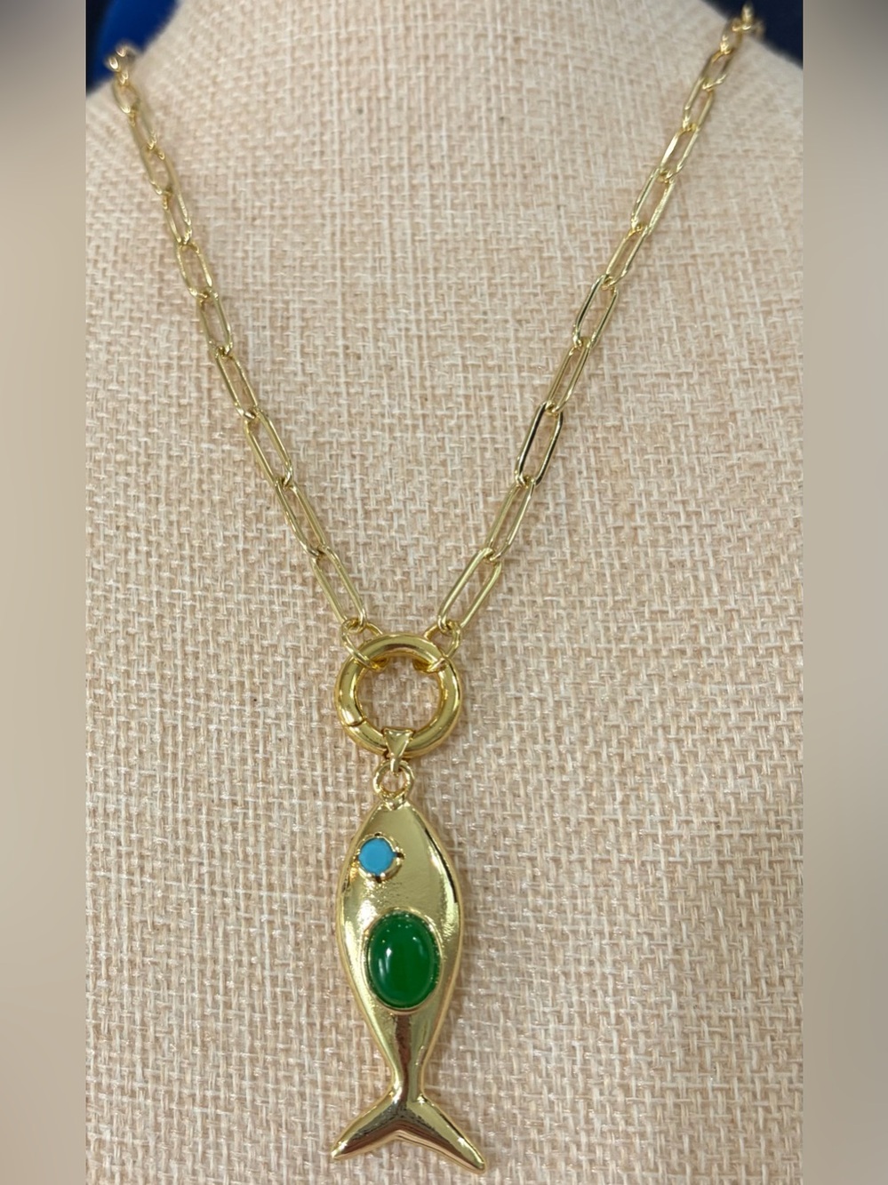NEW Gold Plated Brass Paperclip Sardine Fish Necklace Green & Turquoise 18”chain